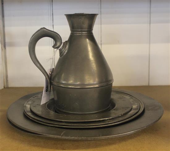 Pewter imperial measure , 5 pewter plates & another dish(-)